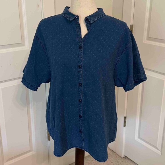 Madewell Denim Swiss Dot Short Sleeve Button Down Top Size L - Picture 1 of 6
